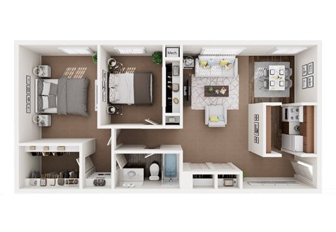 A cutaway view of a small apartment showing the layout of the living room, kitchen, and bedroom.